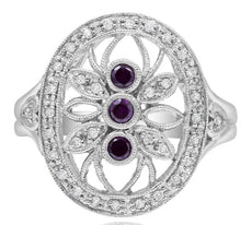 .55CT DIAMOND & AAA AMETHYST 14KT WHITE GOLD 3D OPEN FILIGREE DOUBLE HEART RING
