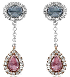 .88CT WHITE BLUE & RED ROSE CUT DIAMOND 18KT WHITE & ROSE GOLD HANGING EARRINGS