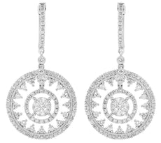 LARGE 2.42CT DIAMOND 18KT WHITE GOLD FLOWER CIRCULAR CHANDELIER HANGING EARRINGS