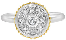 WIDE .10CT DIAMOND 14KT 2 TONE GOLD 3D CLUSTER SOLITAIRE BEZEL FLORAL FUN RING
