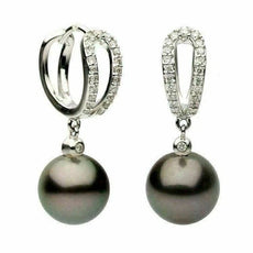 ESTATE .26CT DIAMOND & AAA PEARL 14K WHITE GOLD 3D BEZEL HUGGIE HANGING EARRINGS