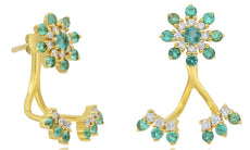 ESTATE .92CT DIAMOND & AAA EMERALD 14KT YELLOW GOLD FLOWER FUN HANGING EARRINGS