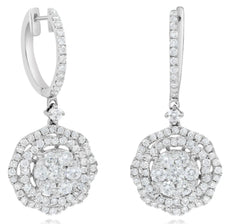 ESTATE 2.42CT DIAMOND 18KT WHITE GOLD 3D CLUSTER FLOWER HUGGIE HANGING EARRINGS