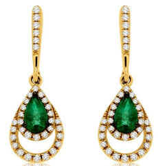 .62CT DIAMOND & AAA EMERALD 14KT YELLOW GOLD 3D PEAR SHAPE HALO HANGING EARRINGS
