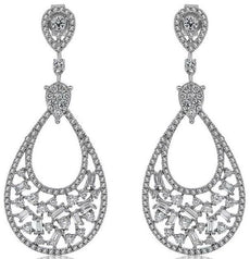 1.63CT DIAMOND 14KT WHITE GOLD 3D CLUSTER TEAR DROP FILIGREE HANGING EARRINGS