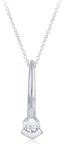 .14CT DIAMOND 14KT WHITE GOLD CLASSIC SOLITAIRE SEMI BEZEL BAR FLOATING PENDANT