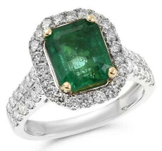 3.55CT DIAMOND & AAA EMERALD 14KT WHITE GOLD 3D SQUARE & ROUND ENGAGEMENT RING