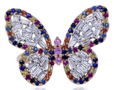 1.54CT DIAMOND & AAA MULTI COLOR SAPPHIRE 18K YELLOW GOLD 3D BUTTERFLY LOVE RING