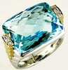 LARGE 20.04CT DIAMOND & AAA BLUE TOPAZ 14KT 2 TONE GOLD CUSHION & ROUND FUN RING
