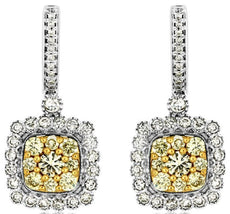 1.50CT WHITE & FANCY YELLOW DIAMOND 14KT WHITE GOLD 3D CLUSTER HANGING EARRINGS