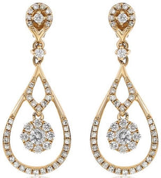 .82CT DIAMOND 14KT YELLOW GOLD 3D CLASSIC FLOWER TEAR DROP FUN HANGING EARRINGS