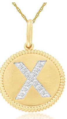 .06CT DIAMOND 14K 2 TONE GOLD X INITIAL ROUND MATTE & SHINY FUN FLOATING PENDANT