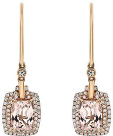 3.46CT DIAMOND & AAA MORGANITE 18KT ROSE GOLD CUSHION & ROUND HANGING EARRINGS
