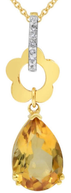 1.71CT DIAMOND & AAA CITRINE 14KT YELLOW GOLD PEAR SHAPE & ROUND FLOWER PENDANT