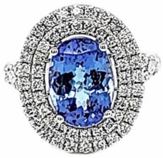 LARGE 4.45CT DIAMOND & AAA TANZANITE 18K WHITE GOLD OVAL & ROUND ENGAGEMENT RING