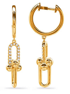 .16CT DIAMOND 14K YELLOW GOLD DOUBLE HORSESHOE LOVE KNOT HUGGIE HANGING EARRINGS