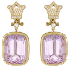 LARGE 54.06CT DIAMOND & AAA KUNZITE 18KT YELLOW GOLD 3D CUSHION & ROUND EARRINGS