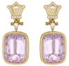 LARGE 54.06CT DIAMOND & AAA KUNZITE 18KT YELLOW GOLD 3D CUSHION & ROUND EARRINGS