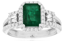 2.18CT DIAMOND & AAA EMERALD 14KT WHITE GOLD 3D ROUND & BAGUETTE ENGAGEMENT RING