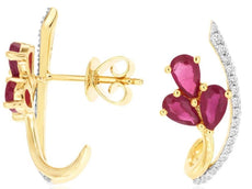 1.56CT DIAMOND & AAA RUBY 14KT YELLOW GOLD PEAR SHAPE & ROUND UMBRELLA EARRINGS