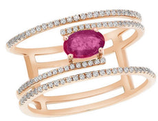 WIDE .78CT DIAMOND & AAA RUBY 14KT ROSE GOLD OVAL & ROUND MULTI ROW LOVE RING