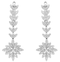 ESTATE LARGE 1.24CT DIAMOND 18K WHITE GOLD 3D FLOWER MULTI LEAF HANGING EARRINGS