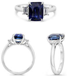 3.94CT DIAMOND & AAA SAPPHIRE PLATINUM CUSHION & TRAPEZOID 3 STONE CLASSIC RING