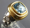 LARGE 3.2CT DIAMOND & AAA AQUAMARINE 14K 2 TONE GOLD CUSHION ROUND 3 STONE RING