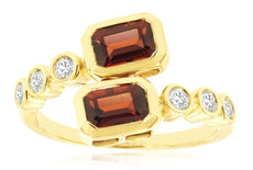 1.75CT DIAMOND & AAA GARNET 14K YELLOW GOLD EMERALD CUT & ROUND CRISS CROSS RING