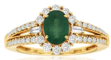 1.26CT DIAMOND & AAA EMERALD 14KT YELLOW GOLD 3D OVAL ROUND & BAGUETTE FUN RING