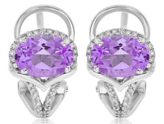 2.50CT DIAMOND & AAA PINK AMETHYST 14KT WHITE GOLD OVAL & ROUND HANGING EARRINGS