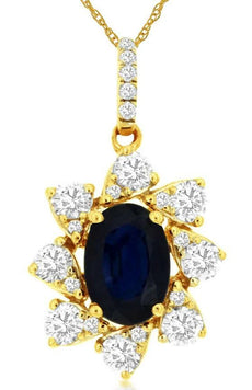 1.47CT DIAMOND & AAA SAPPHIRE 14KT YELLOW GOLD 3D OVAL FLOWER FLOATING PENDANT