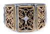 LARGE .01CT DIAMOND 18KT YELLOW GOLD & 925 SILVER 3D FILIGREE RECTANGULAR RING