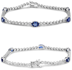 4.0CT DIAMOND & AAA SAPPHIRE 18K WHITE GOLD OVAL & ROUND CLASSIC TENNIS BRACELET