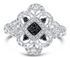 WIDE .19CT WHITE & BLACK DIAMOND 14KT WHITE GOLD OPEN FILIGREE SQUARE FUN RING