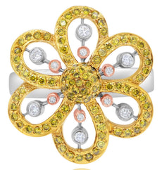 .79CT WHITE & FANCY YELLOW DIAMOND 18K TRI COLOR GOLD 3D ETOILE FLOWER LOVE RING