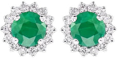 .59CT DIAMOND & AAA EMERALD 14K WHITE GOLD 3D CLASSIC ROUND FLOWER STUD EARRINGS