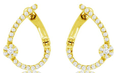 .22CT DIAMOND 14K YELLOW GOLD 3D TEAR DROP FLOWER SIDEWAYS HOOP HANGING EARRINGS