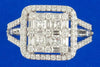 LARGE 1.05CT DIAMOND 18K WHITE GOLD ROUND, BAGUETTE & PRINCESS CLUSTER HALO RING