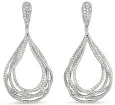LARGE 4.75CT DIAMOND 14KT WHITE GOLD 3D OPEN TEAR DROP COCKTAIL HANGING EARRINGS