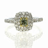 .90CT WHITE & FANCY YELLOW DIAMOND 18KT 2 TONE GOLD DOUBLE HALO ENGAGEMENT RING