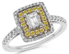 .81CT WHITE & FANCY YELLOW DIAMOND 18KT WHITE GOLD BAGUETTE HALO ENGAGEMENT RING