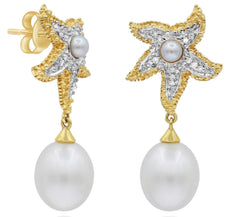 .07CT DIAMOND & AAA SOUTH SEA PEARL 14KT YELLOW GOLD STARFISH HANGING EARRINGS