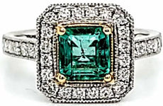 WIDE 1.96CT DIAMOND & AAA EMERALD 18KT 2 TONE GOLD ROUND & EMERALD CUT HALO RING