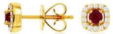 0.53CT DIAMOND & AAA RUBY 14K YELLOW GOLD ROUND HALO SQUARE CLASSIC STUD EARRINGS