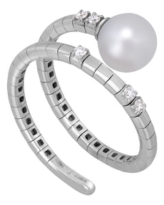 .07CT DIAMOND & AAA SOUTH SEA PEARL 18K WHITE GOLD CRISS CROSS FLEXIBLE FUN RING