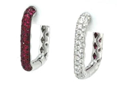 1.42CT DIAMOND & AAA RUBY 18KT WHITE GOLD 3 ROW FUN HUGGIE HOOP HANGING EARRINGS