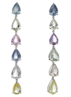 37.91CT AAA MULTI COLOR SAPPHIRE 18K WHITE GOLD 3D PEAR SHAPE ELONGATED EARRINGS