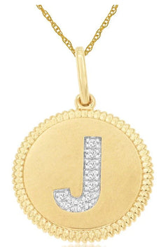.04CT DIAMOND 14K 2 TONE GOLD J INITIAL ROUND MATTE & SHINY FUN FLOATING PENDANT
