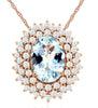 LARGE 1.43CT DIAMOND & AAA AQUAMARINE 14K ROSE GOLD OVAL FLOWER FLOATING PENDANT